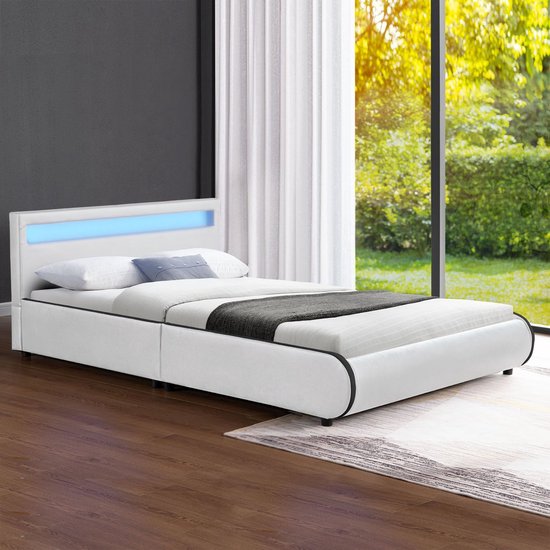 Juskys Gestoffeerd bed Sevilla - 140 x 200 cm - Wit - LED Verlichting