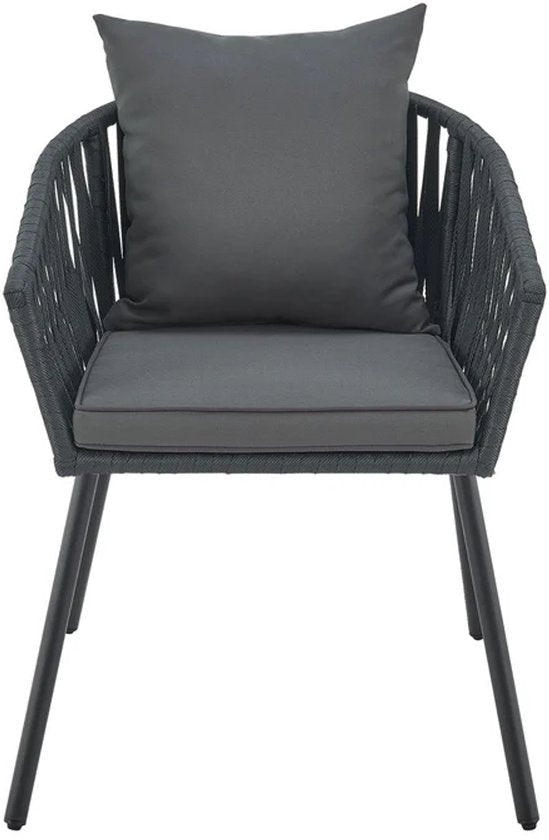 Juskys – Touwstoelen Set van 2 – 58 x 58 x 78 cm – Voorzien Van Afneembare Kussens En Elastisch Vlechtwerk – Voor Terras En Balkon – Donkergrijs Touw