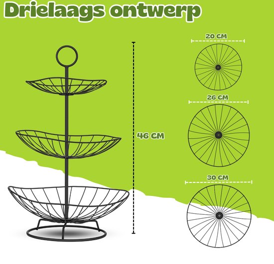 Vaive Chique Fruitschaal 3 laags - Fruit Etagere - Fruitmand - Etagères - Zwart