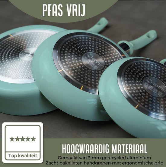 COOCK 19-Delige Pannenset Inductie - Speciale Anti-Aanbak Coating - Ergonomische Koudgrepen - Gerecycled Aluminium - koekenpannenset - kookpottenset - Turqoise (Groen) - Inclusief Onderzetters en E-book