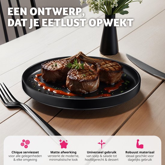 tectake® Serviesset Una - 24-delig - Aardewerk 6 personen - Stijlvol, duurzaam en ideaal voor dagelijks gebruik of feestelijke gelegenheden - Grote en kleine borden, kommen/schaaltjes - mat zwart