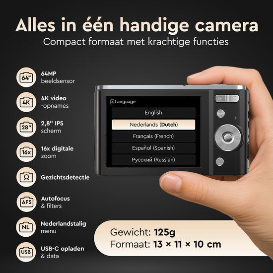 K&L Digitale Camera 4K - 64MP - Fototoestel - Compact Camera - Vlog Camera - Voor Kinderen - Inclusief 64GB - NL Software