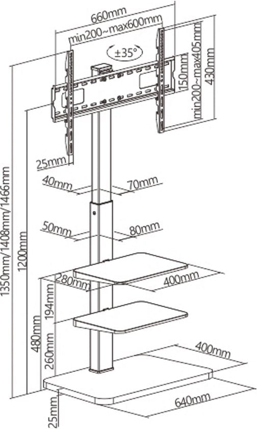 TV standaard met opbergplanken - draaibaar - 37 inch tot 75 inch