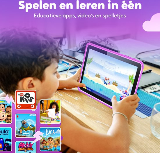 Spoused Kindertablet – 10.1 Inch – Kindertablet vanaf 3 jaar – 64GB – 4GB RAM– 6000 mAh Batterij - Incl. Beschermhoes & Ouder Control app – Paars