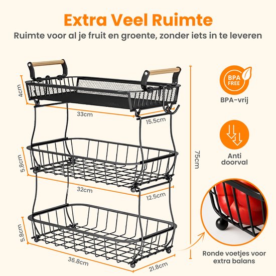Posity Fruitschaal 3 Laags - Fruitmand - Fruit Etagere - Groentemand - Draadmand - Met bananenhouder - Hout & Metaal - Zwart