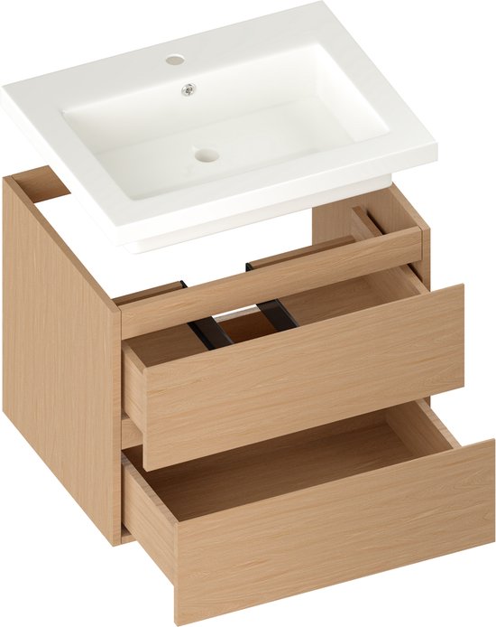 Mirlux Badkamermeubel Licht Eiken 60 cm - Wastafel Wit - Badmeubel set - Licht Eiken
