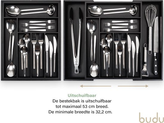 Budu Uitschuifbare Bamboe Bestekbak #43 (43 cm diep) - Zwart - Bestekcassette Hout - Besteklade - 43 x 32,2 - 53 cm - 6/8 vakken