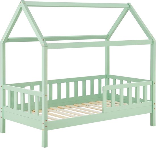Juskys – Marli Kinderbed & Huisbed Met Bedladen – 90 x 200 cm – Voorzien Van Uitvalbeveiliging En Lattenbodem – Voor Jongens En Meisjes – Mint Grenenhout