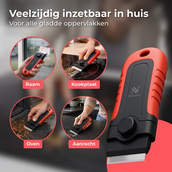 Nuvance Glasschraper - Incl 16 Mesjes - Kookplaat Reiniger - Glas & Verf Krabber - Inductie & Keramische Kookplaat - Rood
