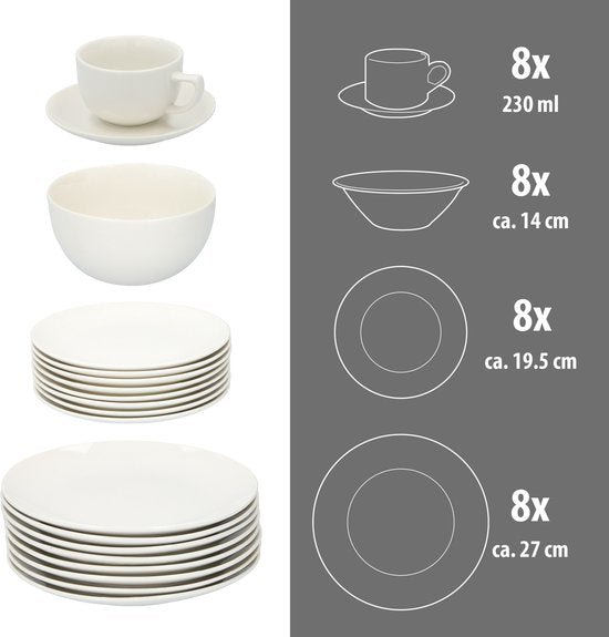 alpina serviesset 8 Persoons - Aardewerk Servies 40-Delig - Bordenset met Ontbijtborden, Dinerborden, Kommen, Kopjes en Schotels - Servies Set Vaatwasser- en Magnetronbestendig - Wit