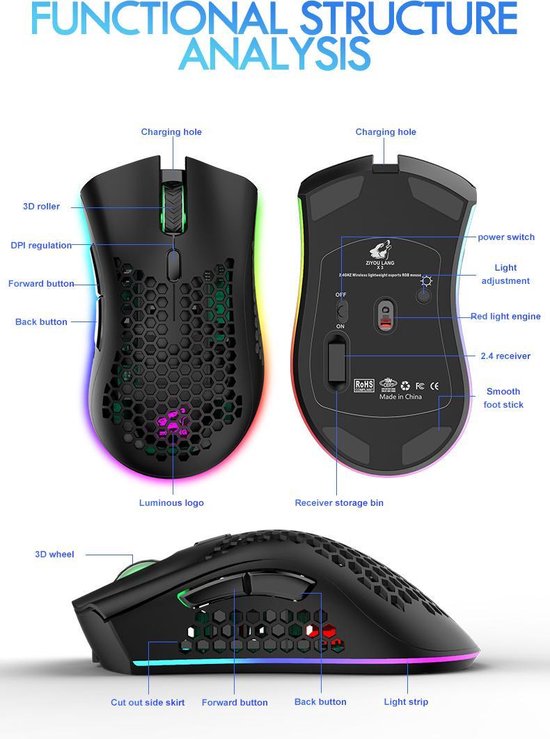 ZIYOU LANG X3 Draadloze Gaming Muis - RGB Honeycomb Gaming Muis - Gaming Muis - Zwart