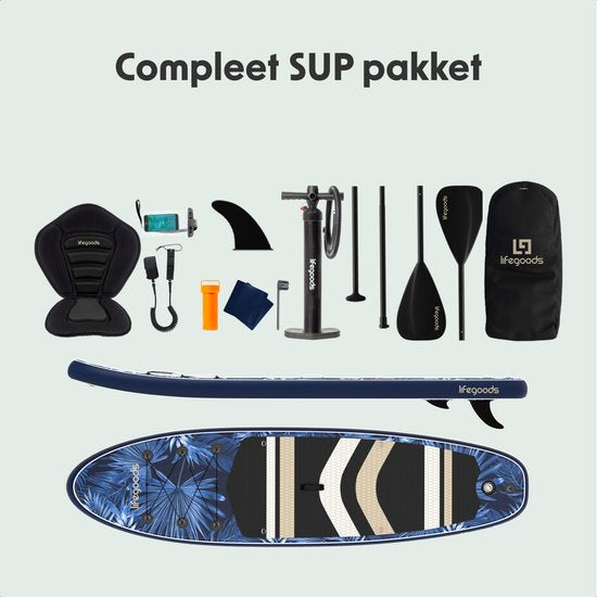 LifeGoods PaddlePro SUP Board - met Zitje - Opblaasbaar Paddle Board - Complete Set - Max. 150KG - 320x81cm - Tropical Blauw