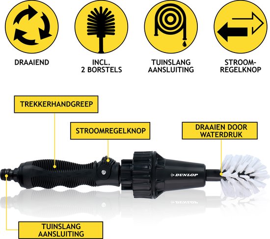 Dunlop Velgenborstel met Slangaansluiting – Roterend – Incl. 2 Borstels – Auto Reiniging Tool
