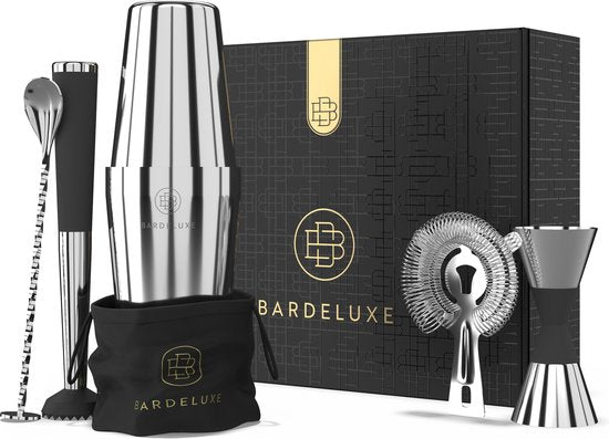 BarDeluxe® Cocktail Shaker Set - 5-Delig Boston Shaker - Cocktail Set met Stamper, Zeef, Barlepel & Receptenboek - Inclusief Luxe Geschenkdoos - Zilver