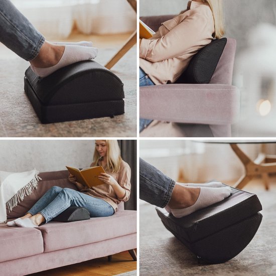 CozySense® Voetensteun Bureau - Ergonomische Voetenbankje - Geschikt voor Thuis of Kantoor - Voetenkussen - 2 Verstelbare Hoogtes - Anti-Slip - Hoes met Massage-functie - Wasbaar - Zwart