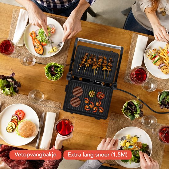 KitchenBrothers Contactgrill - Grill Apparaat - Uitneembare Grillplaten - Panini Grill - 3 hoogtestanden - Tosti ijzer - 2000W - RVS