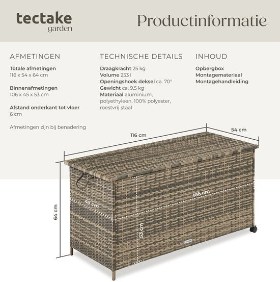 tectake® Wicker Opbergbox - 253 L - Kussenbox voor Buiten - Tuinbox - 116 x 54 x 64 cm - Weerbestendig en Afsluitbaar met Deksel - Verrijdbaar - Inclusief 2 Handgrepen, 2 Wielen met Rem en Gasveren - Tuinkist - Beige