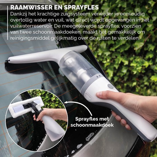 BREND BR-2218 Elektrische Raamwisser en Sprayfles – Ramenwasser met Zuigsysteem voorkomt Lekken - Met Extra Schoonmaakdoek - USB-C-oplaadkabel - Wit