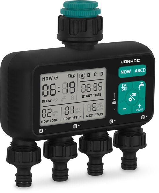 VONROC 4-weg watertimer – Besproeiingscomputer voor 4 zones – Instelbare bewateringstijd en -frequentie per zone