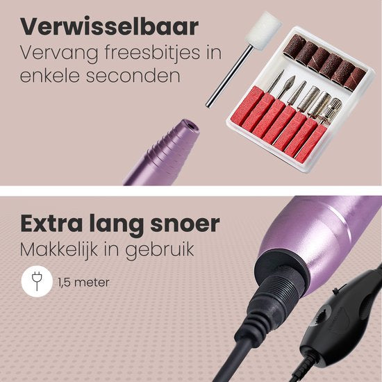 Auronic Elektrische Nagelfrees / Nagelvijl - 11 Bitjes en 56 Schuurrolletjes - Manicure / Pedicure - Roze