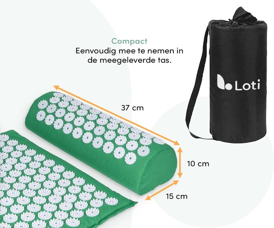 Loti Spijkermat met Spijkerkussen – Donkergroen/Wit – Acupressuur Mat - Spijkerbed - Acupunctuur Kussen - Shakti Massage – Incl. Draagtas