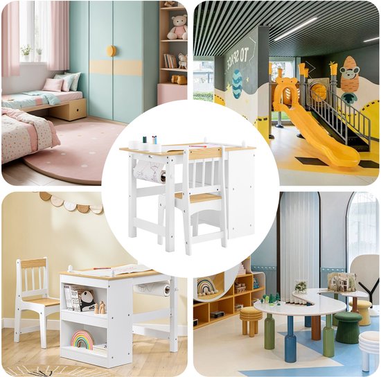 SoBuy KMB60-WN Kindertafel met Stoel, 2-delige set, tafel en stoel voor kinderen, bureau met 2 planken, papierhouders en opbergvakken, wit/Natuurel, 80 x 50 x 66 cm
