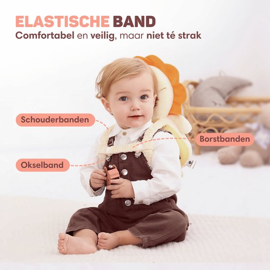 Vulpes Goods® BabyCare - Baby Hoofdbeschermer - Baby Valkussen - Baby Veiligheidskussen - Valrugzak - 3D Ademend - Veilig leren lopen - Leeuw