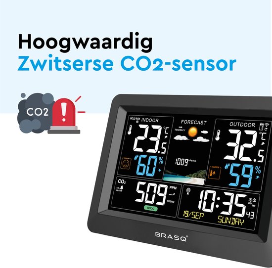BRASQ Draadloos Weerstation binnen en buiten met CO2 meter - Hygrometer - Met buitensensor tot 60 meter - Luchtvochtigheidsmeter - Thermometer - Barometer - inclusief batterijen