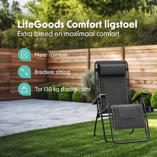 LifeGoods Ligstoel Comfort - Opvouwbaar - 30°-90° Verstelbaar - Beker en Telefoonhouder - Tuinstoel - Zwart