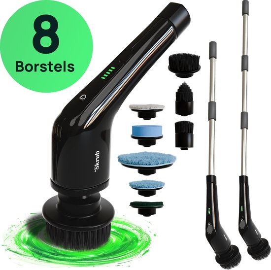 Skrub elektrische schoonmaakborstel 2500mAh - met steel en 8 opzetstukken - veelzijdig voor badkamer, keuken en auto