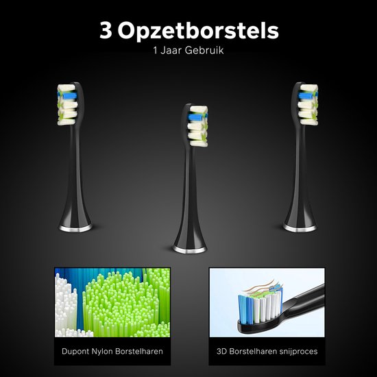 Bintoi® iSonic ProClean - Opzetborstels Elektrische Tandenborstel - 3 Stuks - Geschikt voor Bintoi iSonic D700/D600 - Jaarvoorraad - Zwart