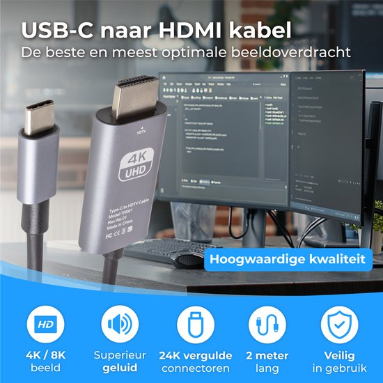 Nuvance - USB C naar HDMI Kabel - 2 Meter - 4K Ultra HD - Geschikt voor Telefoon, Tablet, Laptop, PC, Beamer & Monitor