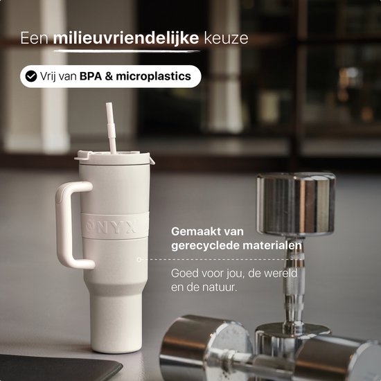 ONYX Drinkfles met Rietje 1 Liter - Waterfles voor Kinderen & Volwassenen - Thermosbeker RVS Travel Mug - Motiverende Drinkbus - Drinkbeker voor School - Coco White