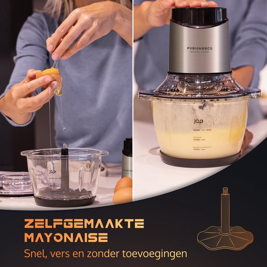 JAP Appliances Multi Chop + Uitbreidingspakket - Hakmolen met glazen kom 600ml - IJscrusher, knoflookpeller en eierklopper - Vaatwasserbestendig - 400W