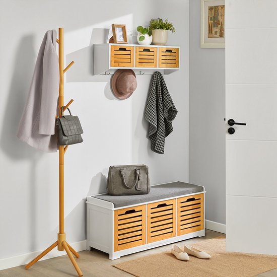 SoBuy Schoenenbank met zitkussen voor gang of woonkamer, 3 afneembare manden, 105x43x35 cm, FSR23-WN