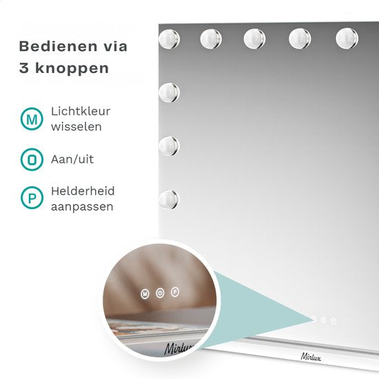 Mirlux Grote Hollywood Spiegel 80x60CM - LED Verlichting - USB & USB-C oplaadpoorten - Make Up - Wit