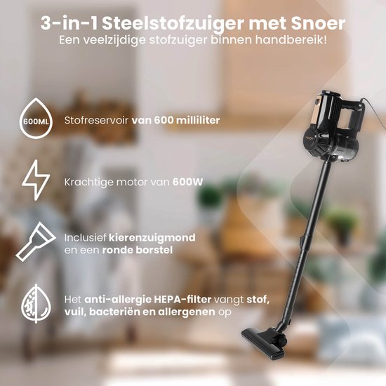 Nexxt 3-in-1 Snoer Stofzuiger met Telescopische Steel en Handstofzuiger – Verlengbare Steelstofzuiger met Cycloontechnologie – HEPA-Filter – 600 Watt