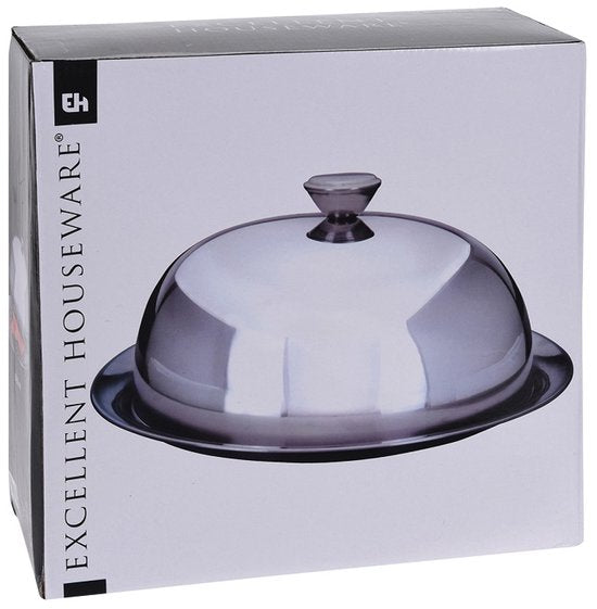 Excellent Houseware serveerschaal stolp met dienblad - zilver - rvs - D25 x H12 cm - voedsel serveren - met deksel