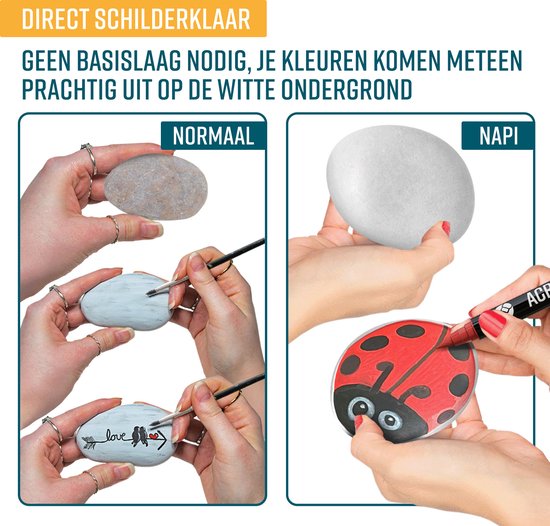 NAPI Happy Stones Stenen - 12 Witte Keien - Inclusief Cursus: Stenen Schilderen - Gladde Egale Keien - Pakket - Beach Pebbles - 4 tot 8cm - Wit