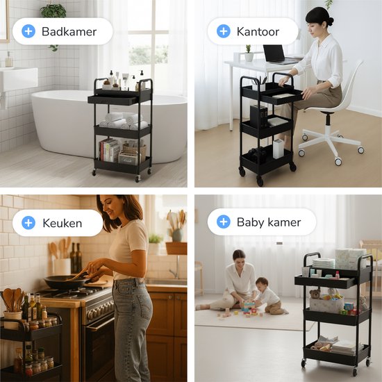 Keuken trolley met lade op Wieltjes - 3 laags - Keukenrek - Serveerwagen - Kastje - Karretje - Opberg - Douche kastjes staand - Rekje - Zwart - Luft