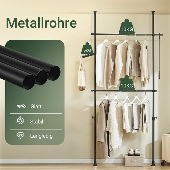 SoBuy Telescoop Kledingrek - Verstelbaar Opbergsysteem - Klerenrailsysteem - B(75–126) × H(200–295) cm, Zwart, FRG109-II-SCH