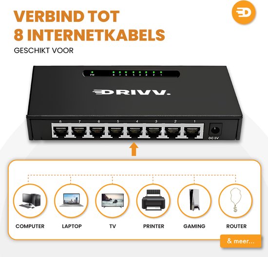 Drivv. Netwerk Switch - 8 Poorten - Internet Switch - RJ45 splitter - zwart