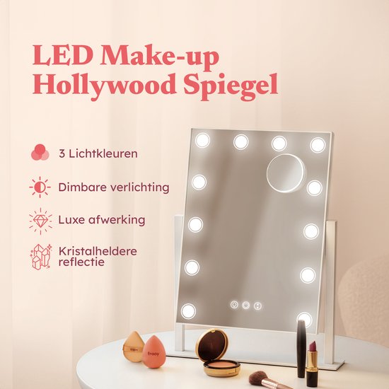 Fraay® Hollywood Spiegel met Verlichting 41x30cm - 3 Lichtstanden - Make Up Spiegel met 10x Vergrootspiegel - LED Spots Verlichting Dimbaar - Incl. Beauty Blenders en Powder puff