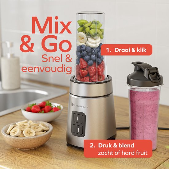 KitchenBrothers Mini Blender - Blender to Go - 2 Standen - Smoothie Maker - 2 To-Go Bekers 600 ml - Zwart