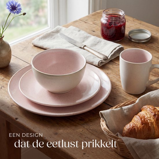 tectake® Serviesset Mare - 30-delig - Aardewerk met Glanzend Glazuur - 6 Persoons - Handgemaakt Servies - Moderne Bordenset met Grote en Kleine Borden, Kommen, Schaaltjes en Kopjes - Vaatwasser- en Magnetronbestendig - Roze