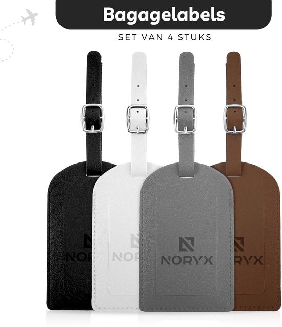 Noryx 4-delige Kofferlabel set - Bagagelabel - Kofferlabels - Koffer Label - Grijs, Wit, Zwart & Bruin