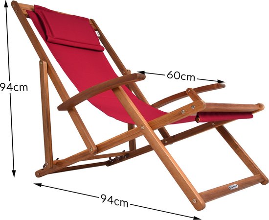 Casaria Ligstoel – Opvouwbaar & verstelbaar - Acaciahout – 60 x 94 x 94 cm – Rood