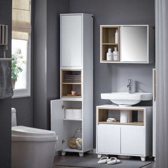 SoBuy BZR147-W Badkamerkast - Witte Hoge Kast met 2 Deuren & Vakken