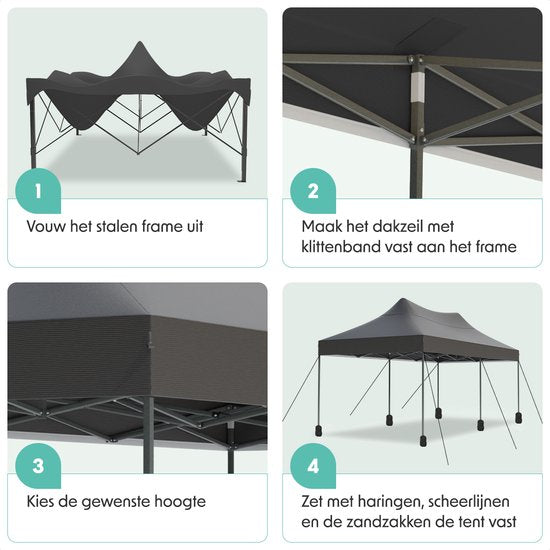 LifeGoods Partytent - Paviljoen - EasyUp - Opvouwbaar - Waterdicht - Met Draagtas met wieltjes - 300 x 600 cm - Antraciet