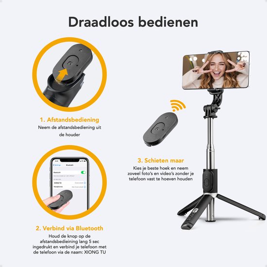 Studio ME Selfiestick Universeel - Statief - Geschikt voor Telefoon & Actiecamera - 100 cm - Selfie Stick - 360° Rotatie - Bluetooth Afstandsbediening - Telefoonhouder